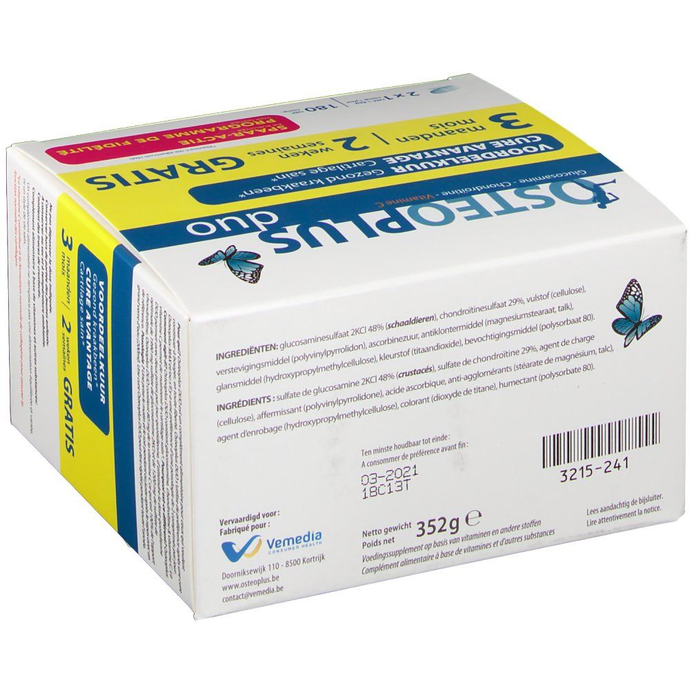 Dos de la boîte Osteoplus Duo. Blanc, bleu et jaune. Texte : 'Osteoplus duo', ingrédients, poids 352g.