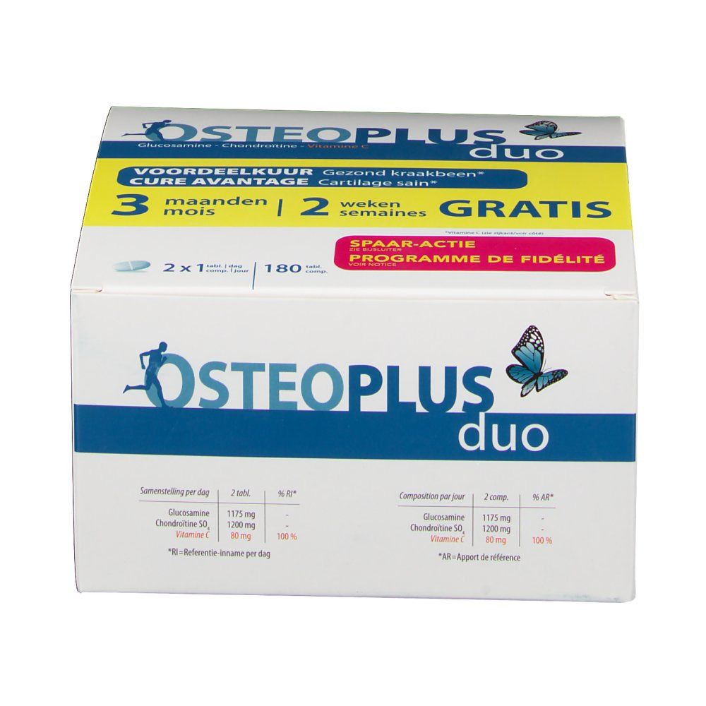 Boîte Osteoplus Duo, blanche, bleue et jaune. Texte : 'Osteoplus duo', '3 mois', 'Gratuit'.