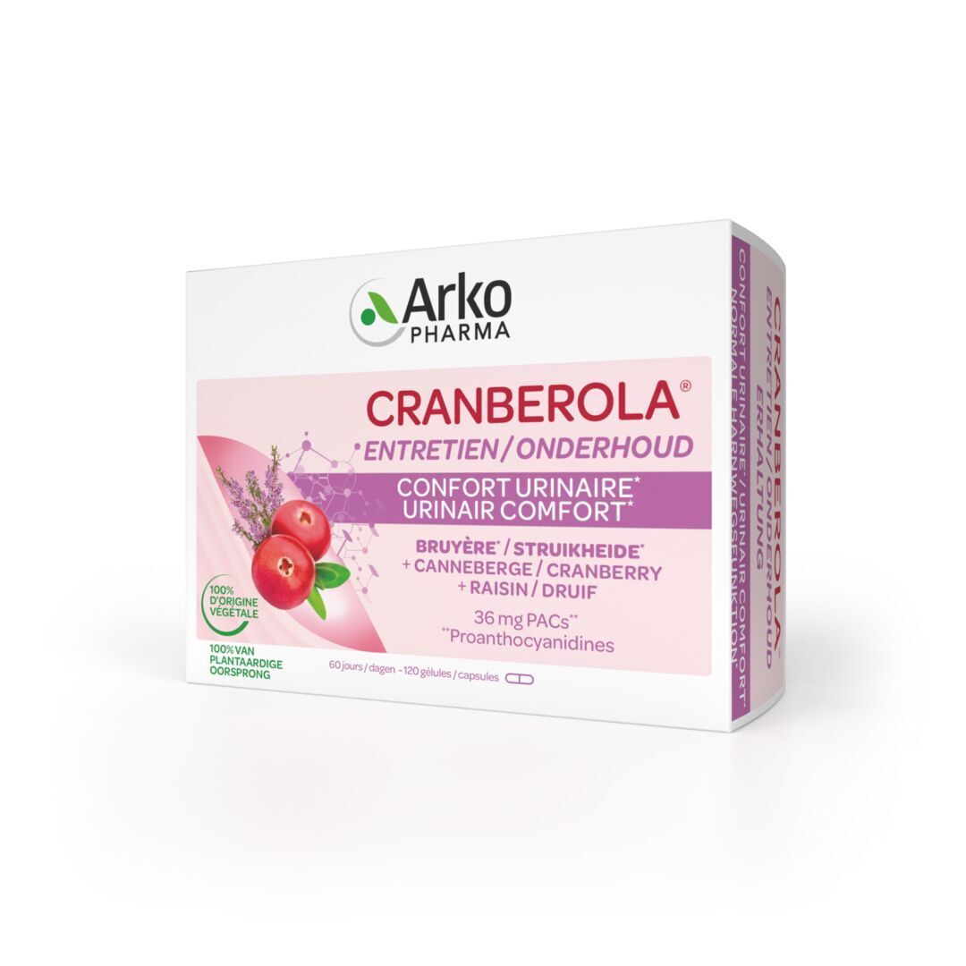 Doos Cranberola® Entretien/Onderhoud. Bevat cranberry en rozijn. 120 capsules. 100% plantaardige oorsprong.