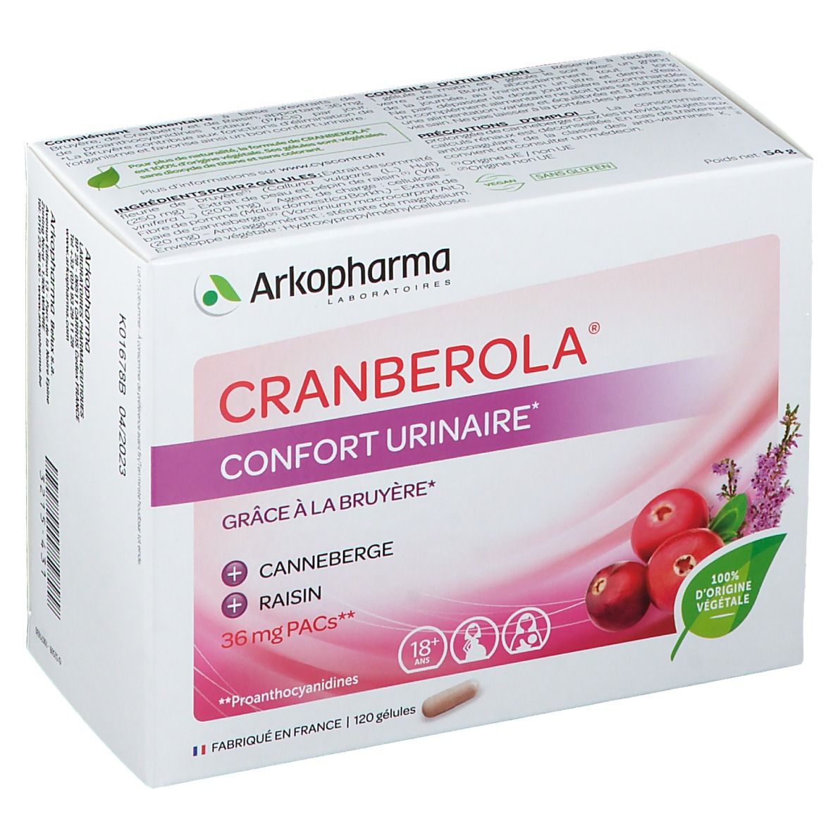 Schachtel Cranberola® Confort Urinaire. Enthält Cranberry und Rosinen. 120 Kapseln. 100% pflanzlichen Ursprungs.