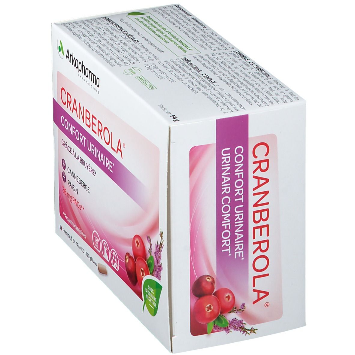 Cranberola® Confort Urinaire Schachtel. Enthält Cranberry und Rosinen. 120 Kapseln. 100% pflanzlichen Ursprungs.