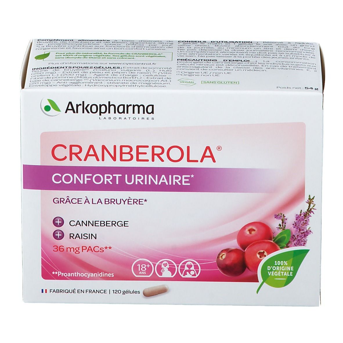 Schachtel Cranberola® Confort Urinaire. Enthält Cranberry und Rosinen. 120 Kapseln. 100% pflanzlichen Ursprungs.