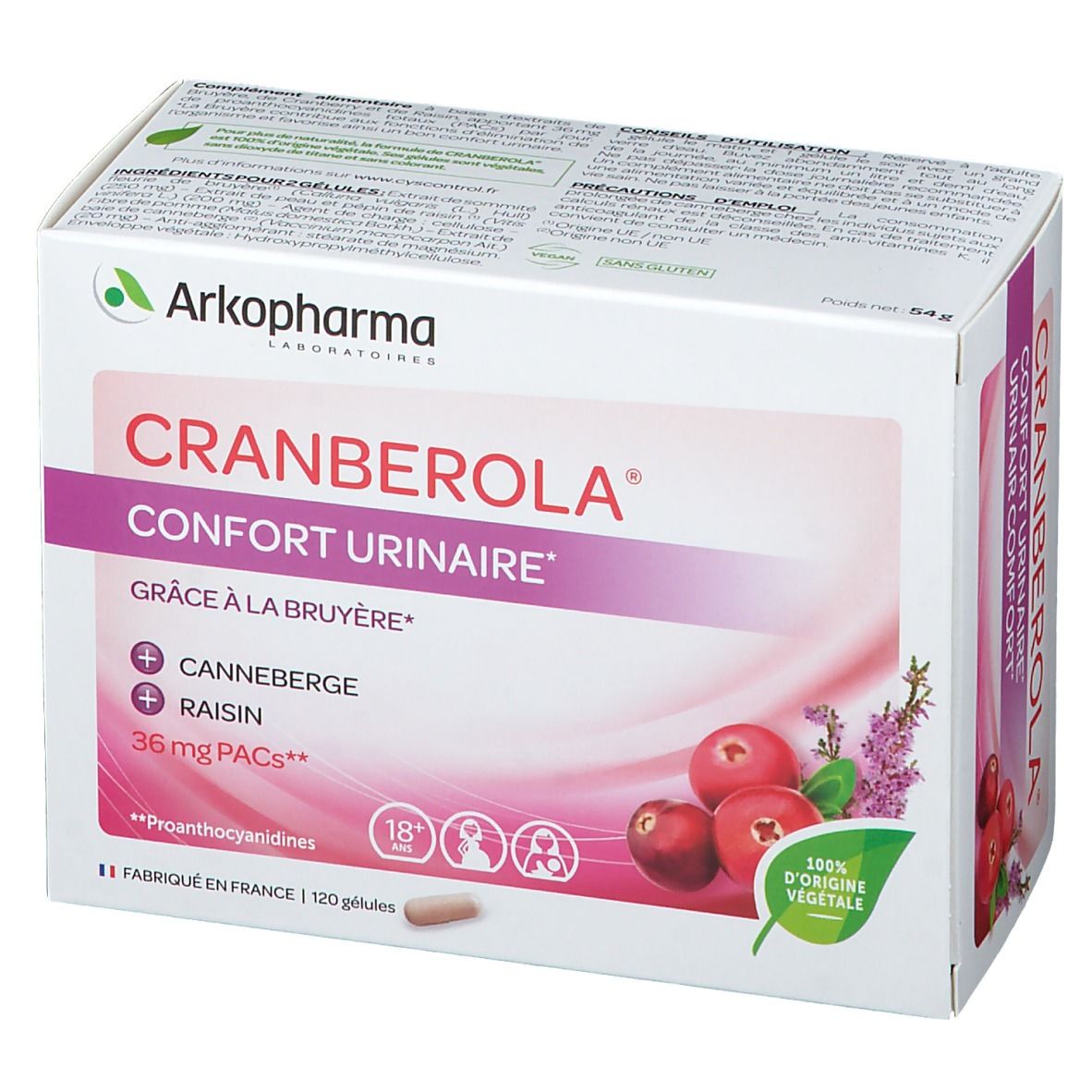 Schachtel Cranberola® Confort Urinaire. Enthält Cranberry und Rosinen. 120 Kapseln. 100% pflanzlichen Ursprungs.