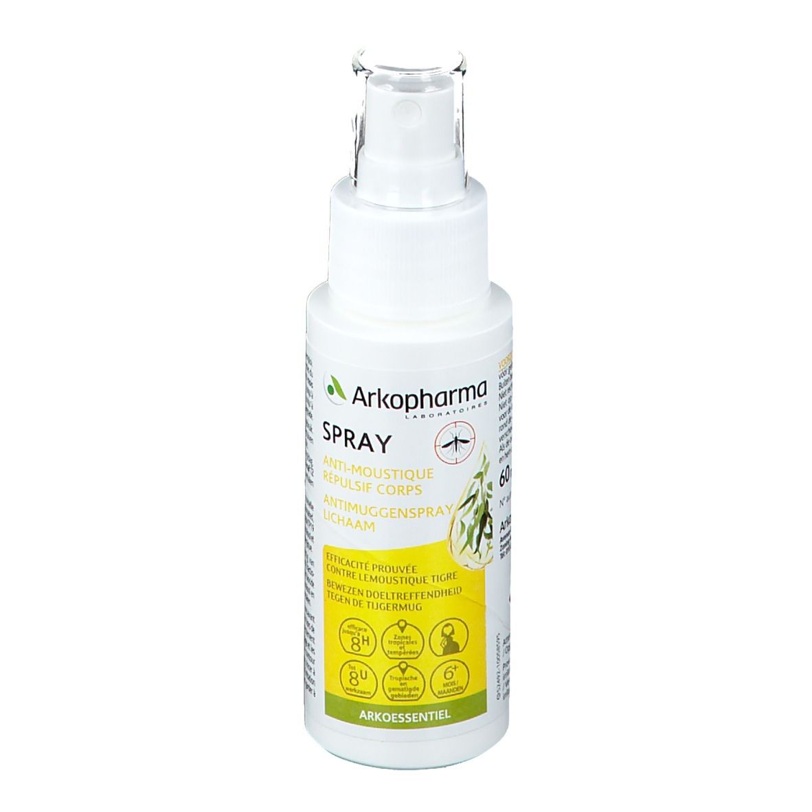 Flacon spray blanc avec étiquette jaune et verte. Texte: Arko Essentiel, Spray, Anti-Moustique, Répulsif Corps, Antimückenspray.