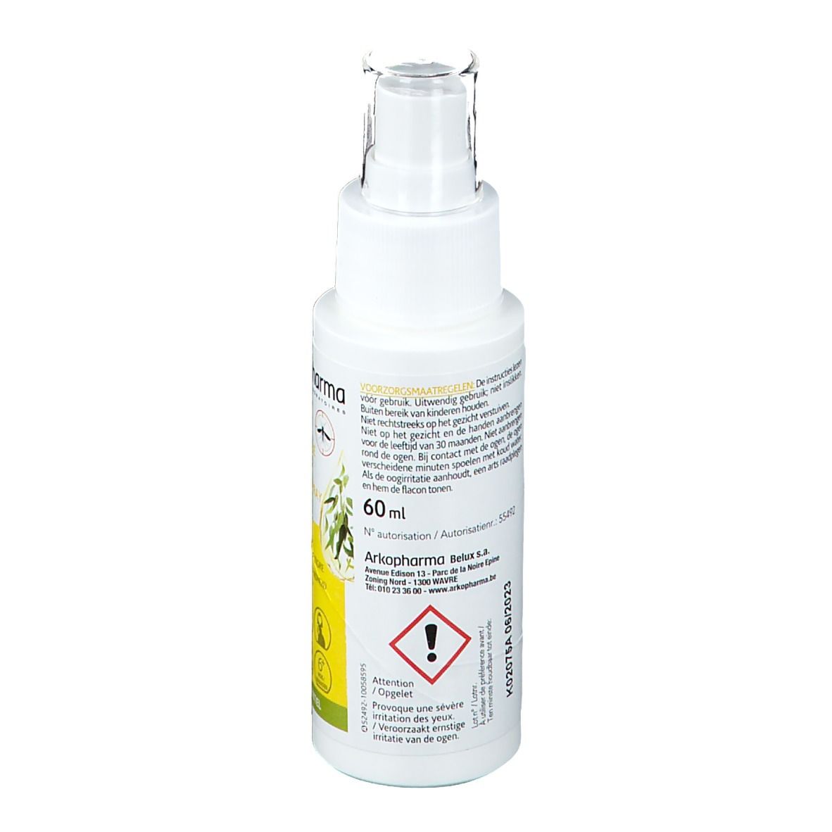 Dos du flacon spray blanc. Texte: 60 ml, Arko Pharma, Attention, irritation des yeux. Avertissement.