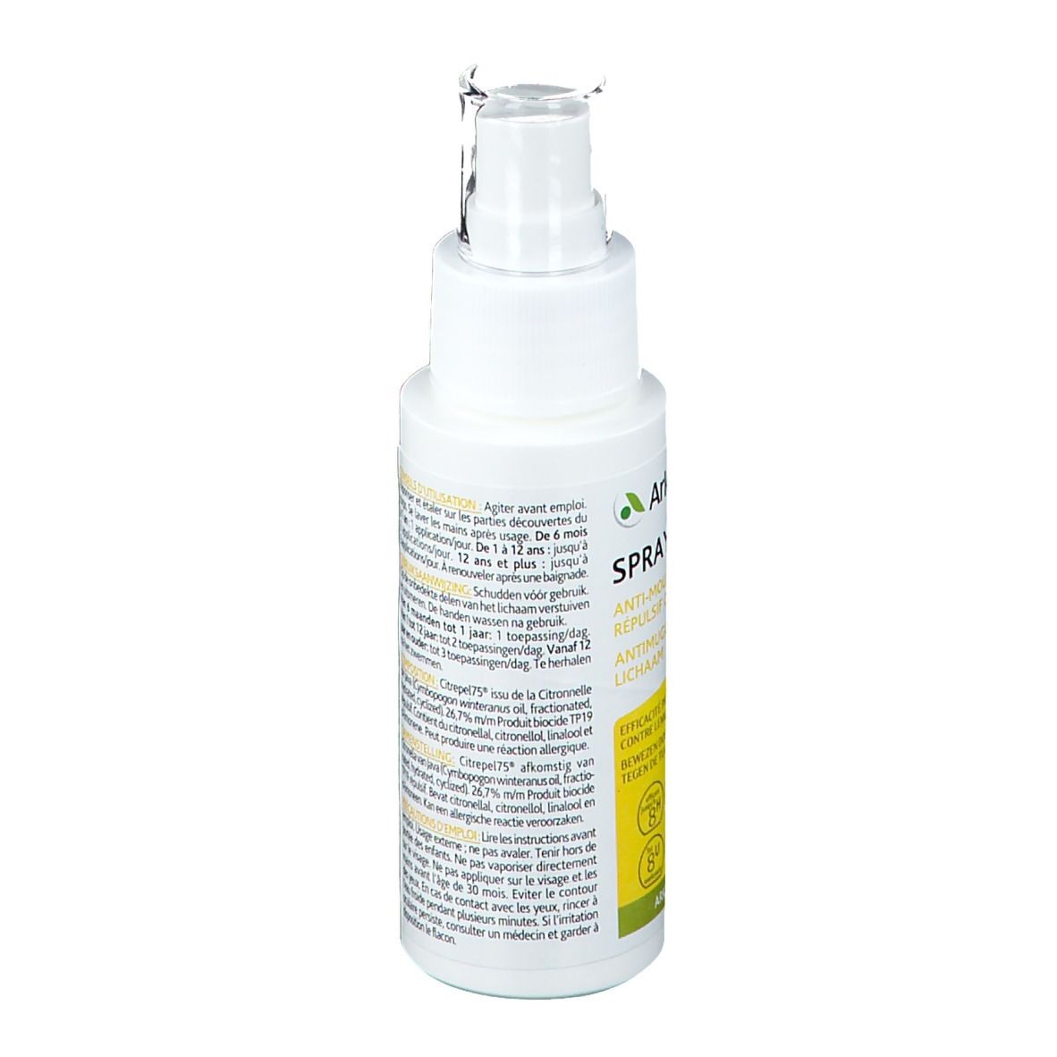 Dos du flacon spray blanc. Texte: Instructions d'utilisation, avertissements, ingrédients, numéro de lot, date de péremption.