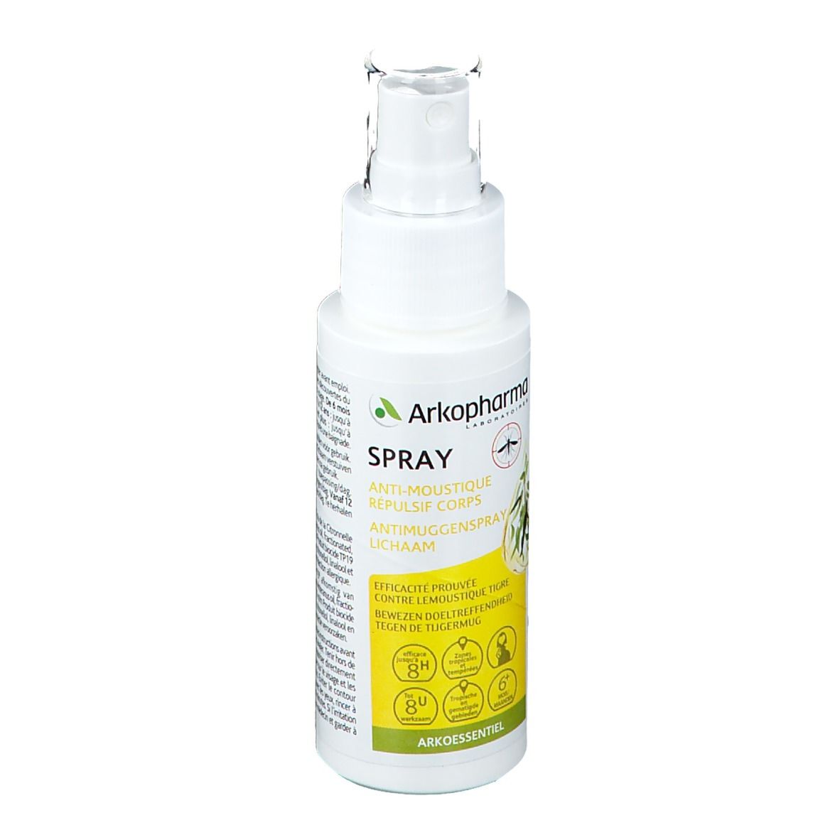 Flacon spray blanc avec étiquette jaune et verte. Texte: Arko Essentiel, Spray, Anti-Moustique, Répulsif Corps, Antimückenspray.