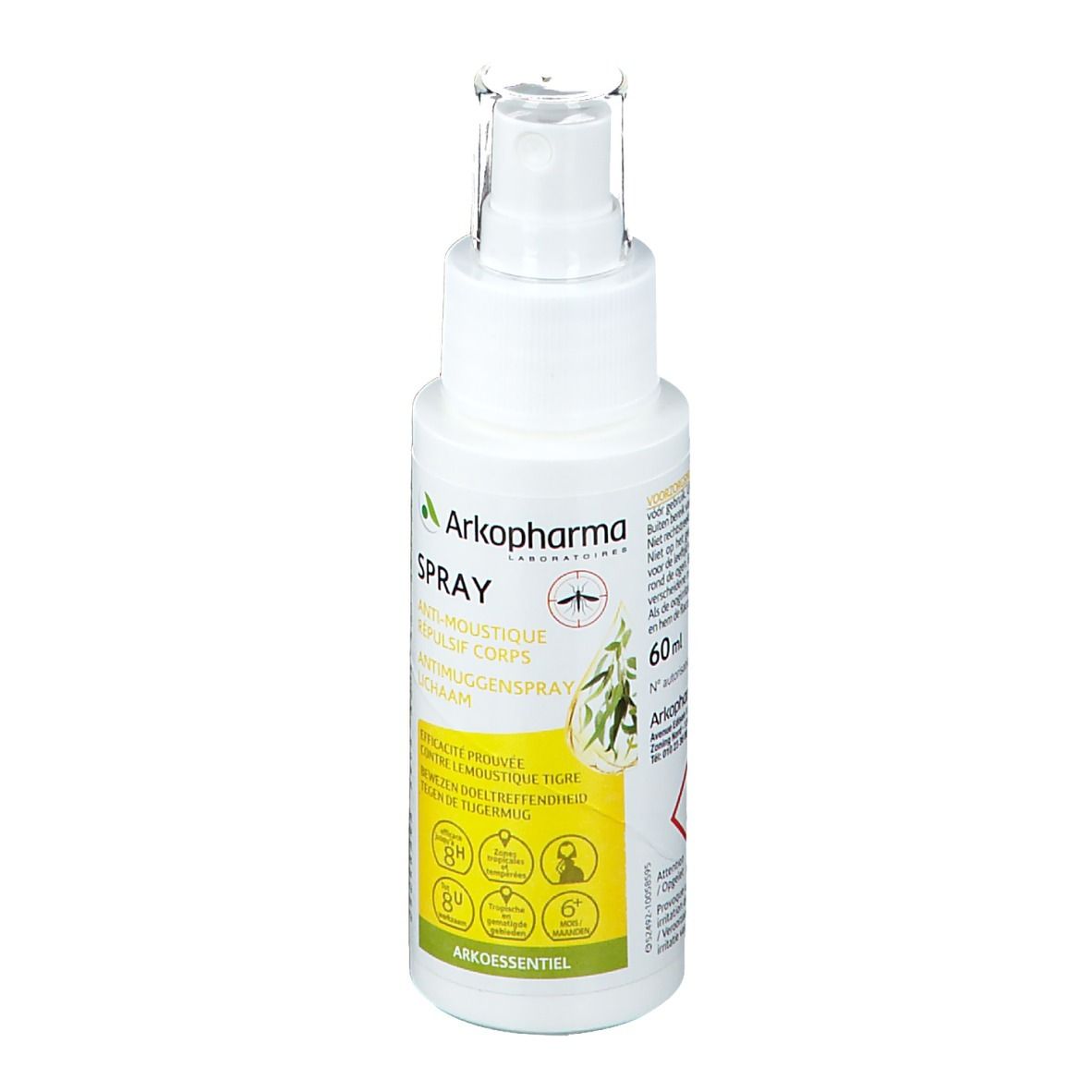 Flacon spray blanc avec étiquette jaune et verte. Texte: Arko Essentiel, Spray, Anti-Moustique, Répulsif Corps, Antimückenspray, 60 ml.