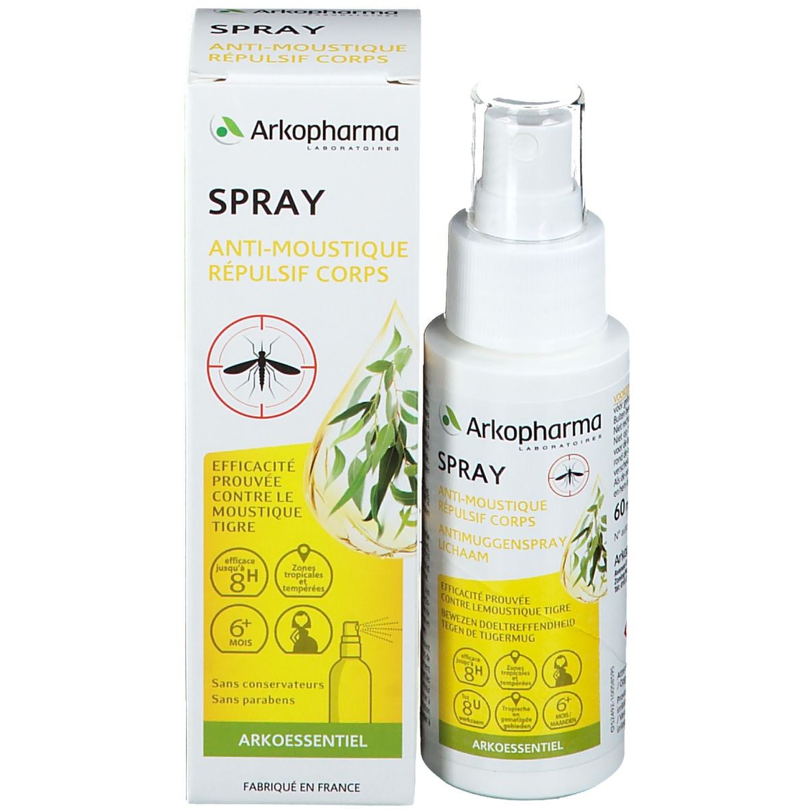Produit avec emballage. Flacon spray blanc et carton. Texte: Arko Essentiel, Spray, Anti-Moustique, Répulsif Corps.