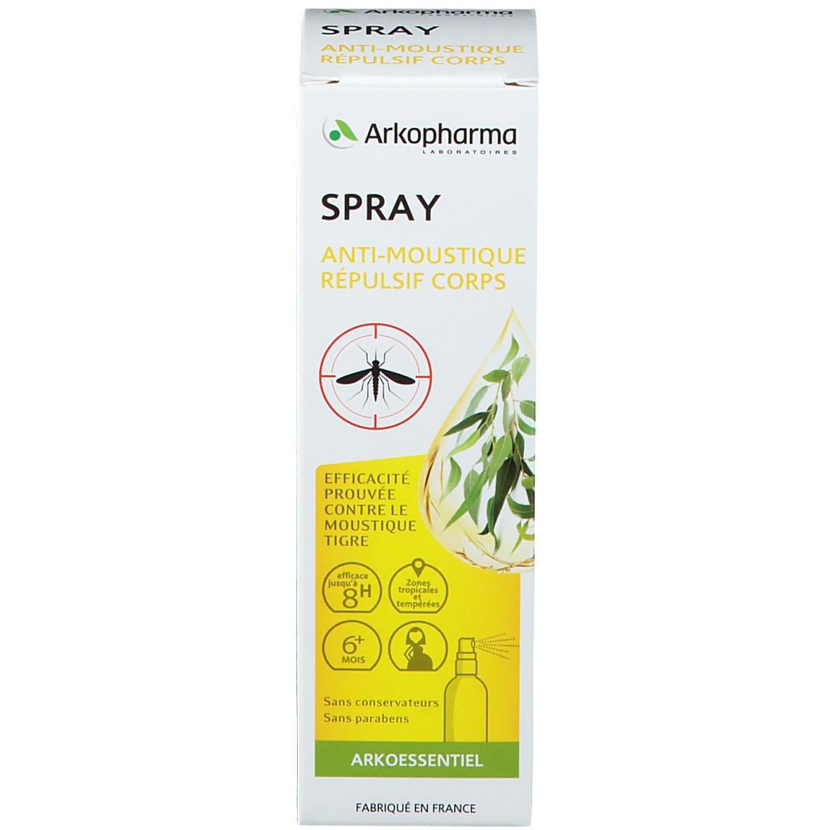 Emballage en carton. Texte: Arko Essentiel, Spray, Anti-Moustique, Répulsif Corps. Illustration d'un moustique.