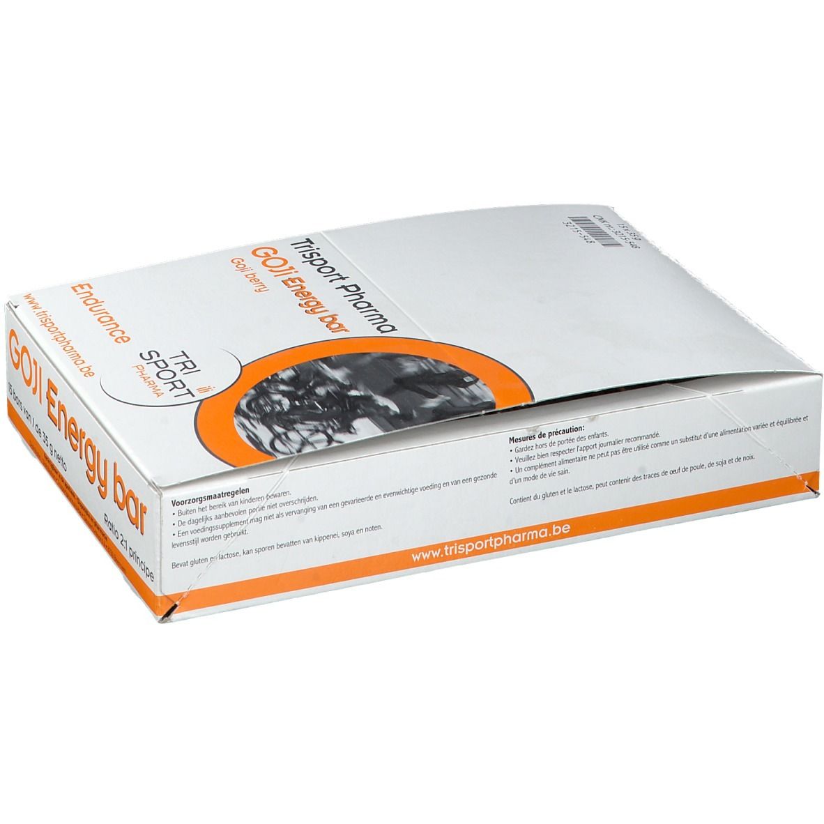 Boîte ouverte de barres énergétiques Trisport Pharma Goji. Contient 15 barres. Logo et texte orange.