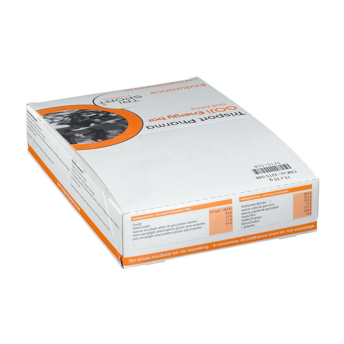 Boîte de barres énergétiques Trisport Pharma Goji. Contient 15 barres. Informations nutritionnelles sur le côté.
