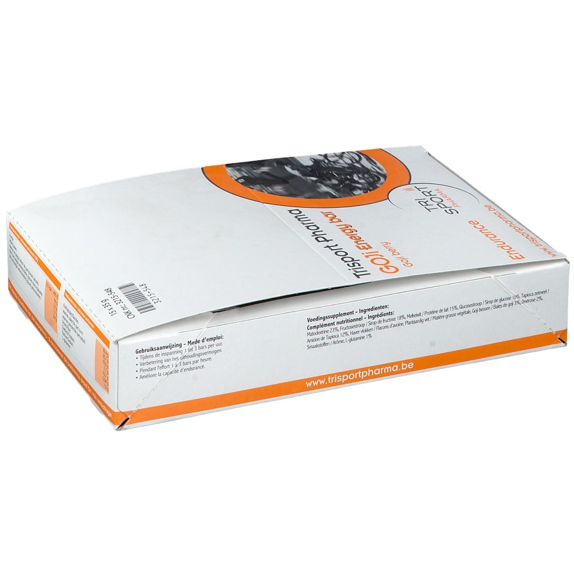 Boîte ouverte de barres énergétiques Trisport Pharma Goji. Contient 15 barres. Informations nutritionnelles sur le côté.