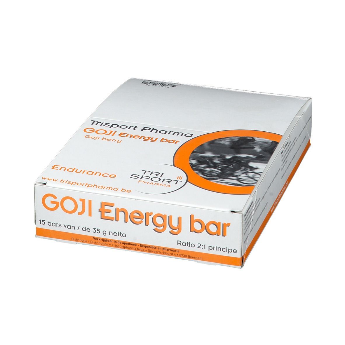 Boîte de barres énergétiques Trisport Pharma Goji. Contient 15 barres. Logo et texte orange.