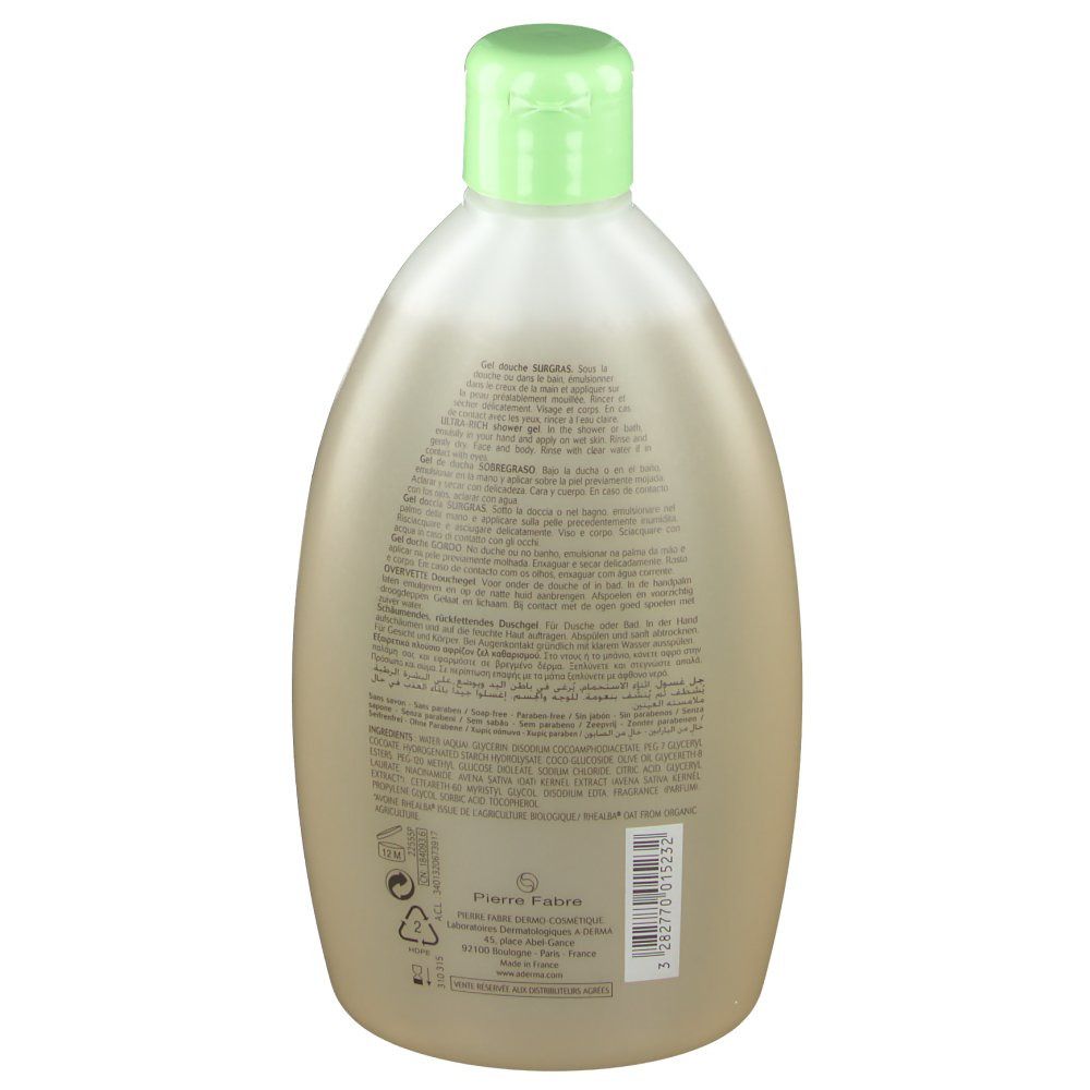 A-Derma Hafermilch Duschgel Überfett. Dos de la bouteille. Texte multilingue. Bouchon vert.