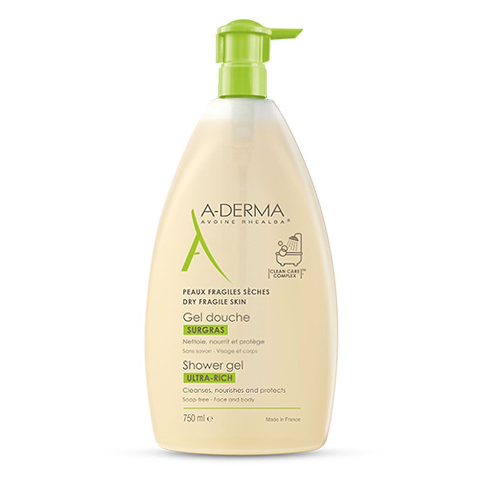 Flacon de gel douche beige avec pompe verte. Inscriptions: A-DERMA, Gel douche, SURGRAS, Shower gel, ULTRA-RICH. 750 ml.