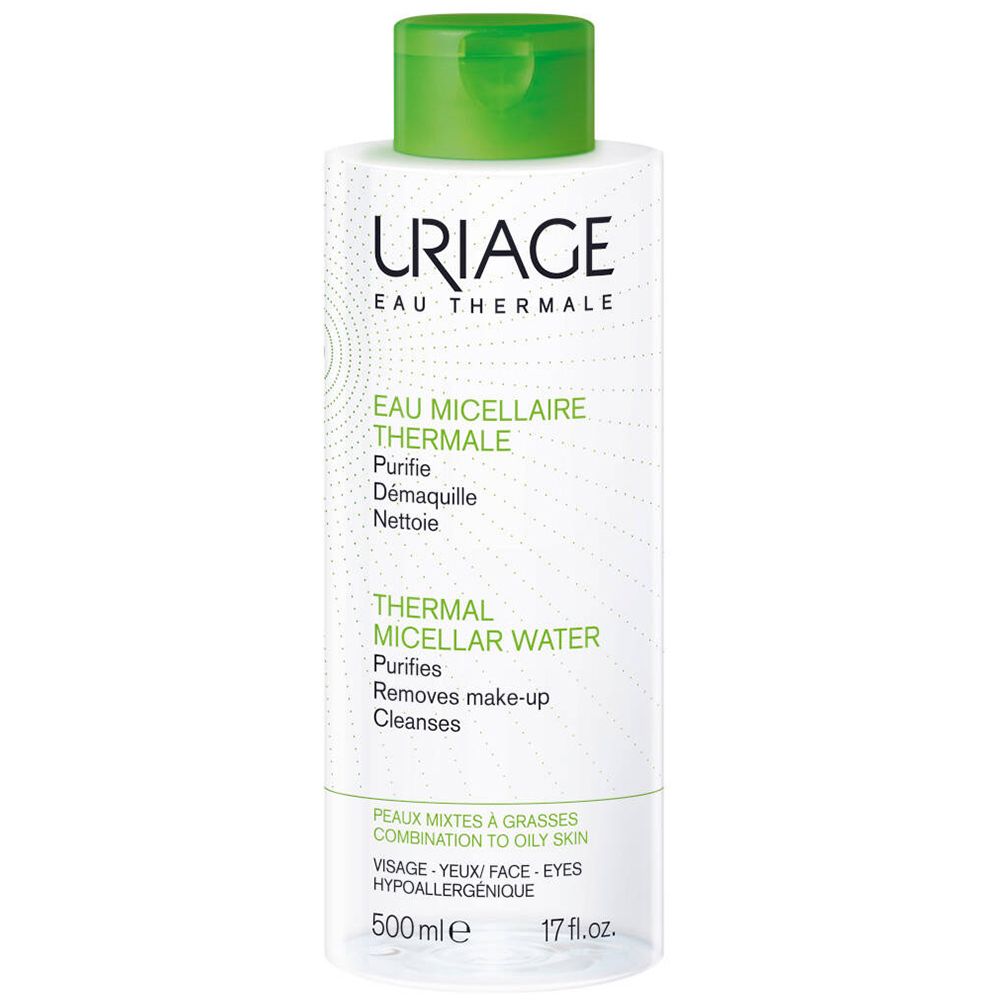 Flacon Uriage Eau Micellaire Thermale, bouchon vert. Texte: Eau Thermale, purifie, démaquille. Peaux mixtes à grasses.