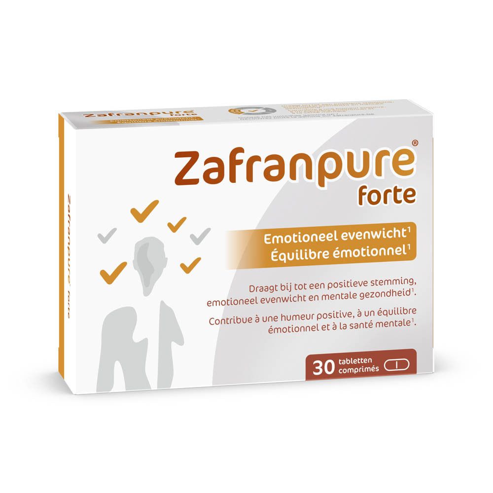 Doosje "Zafranpure forte" met 30 tabletten. Tekst in het Nederlands en Frans. Illustratie.