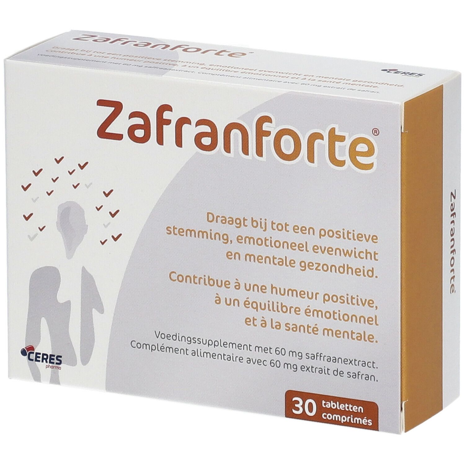 Doosje "Zafranforte" met 30 tabletten. Tekst in het Nederlands en Frans. Illustratie van een persoon.