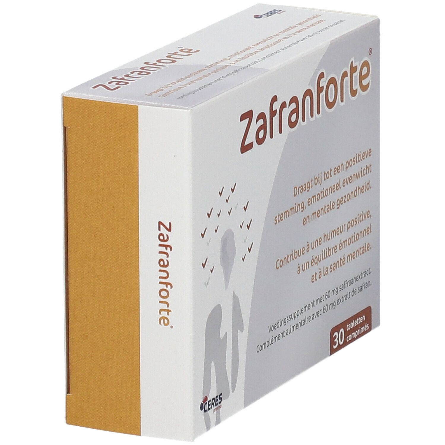 Schuine weergave van een doosje "Zafranforte". Tekst in het Nederlands en Frans. 30 tabletten.