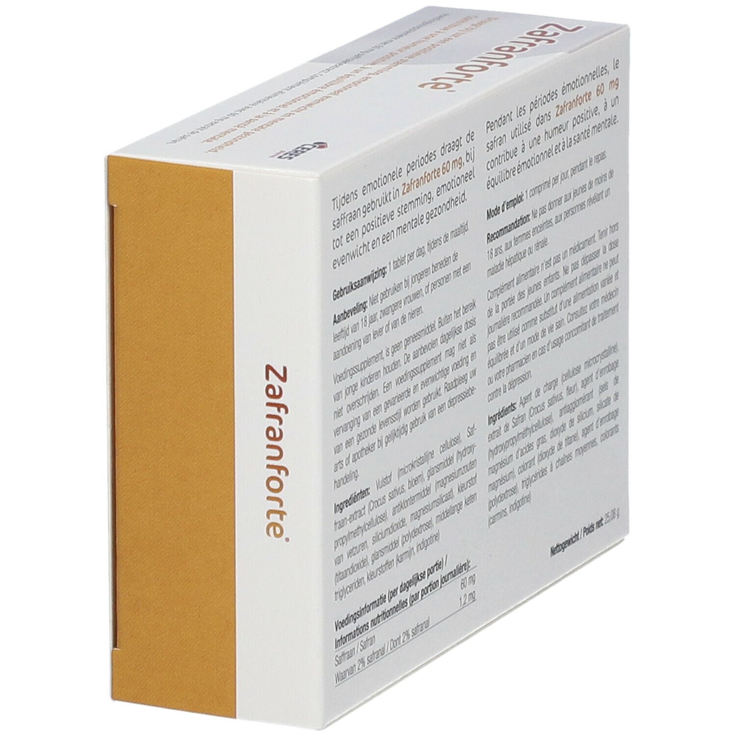 Schuine weergave van een doosje "Zafranforte". Tekst in het Nederlands en Frans. Ingrediënten en dosering.