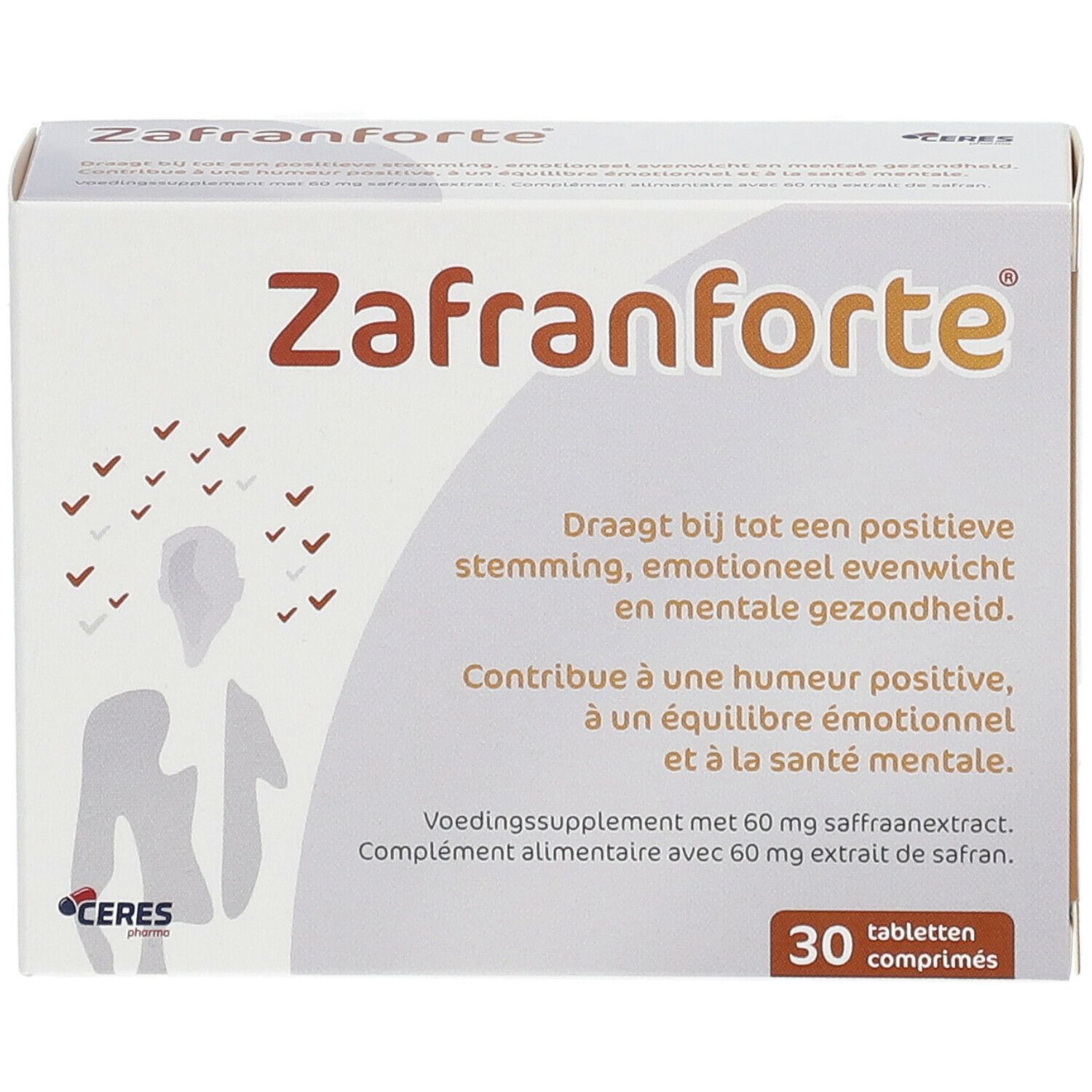 Doosje "Zafranforte" met tekst in het Nederlands en Frans. Bevat 30 tabletten. Logo.