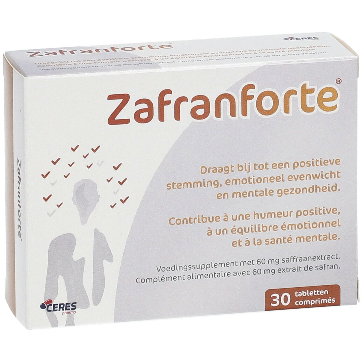 Doosje "Zafranforte" met tekst in het Nederlands en Frans. Bevat 30 tabletten. Logo.