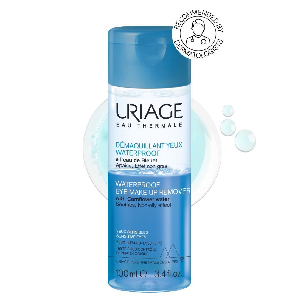 Uriage oogmake-up remover. Blauwe fles met blauwe dop. Productweergave.