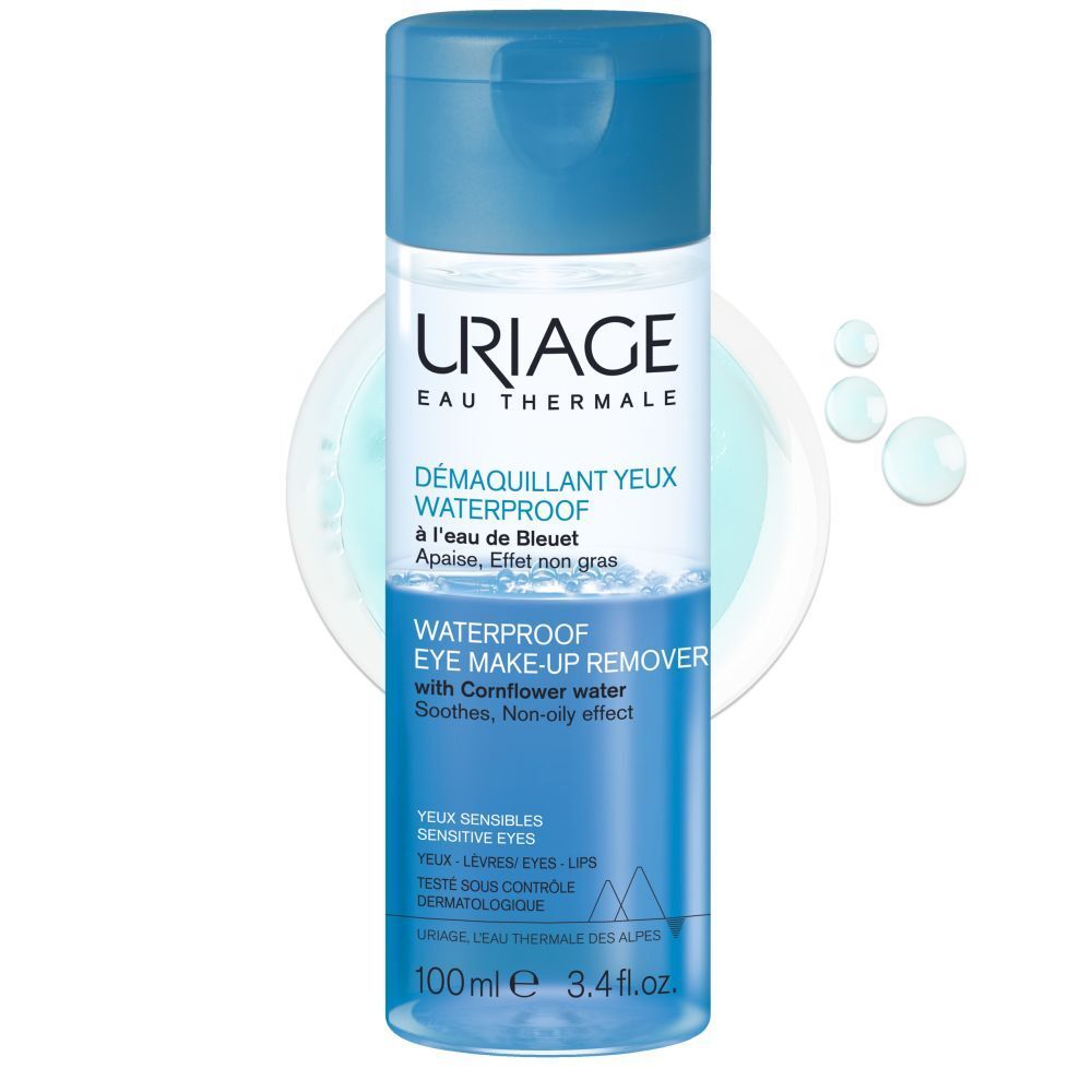 Démaquillant yeux Uriage. Flacon bleu avec bouchon bleu. Texte sur le flacon.