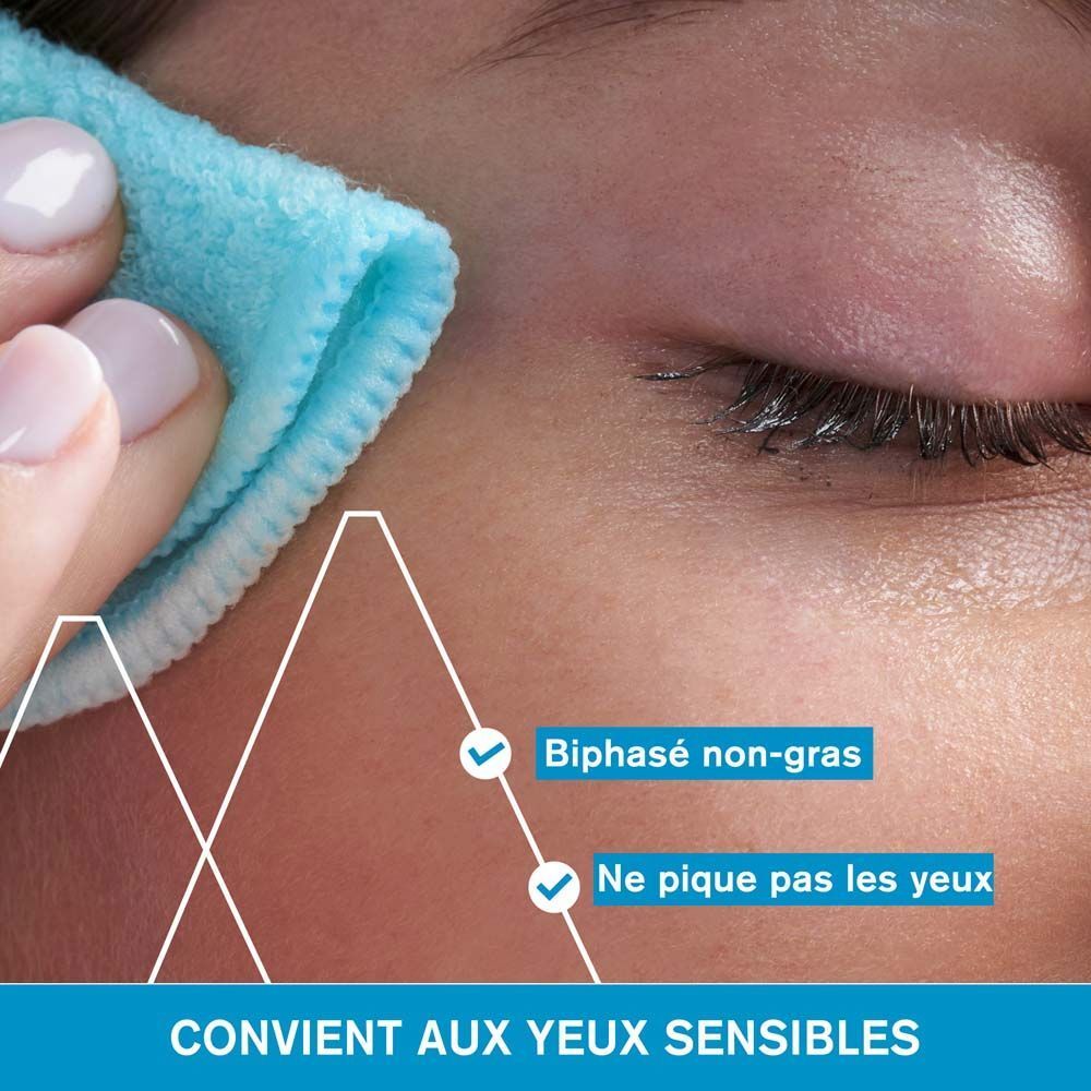 Démaquillant yeux Uriage. Flacon bleu avec bouchon bleu. Texte sur le flacon.