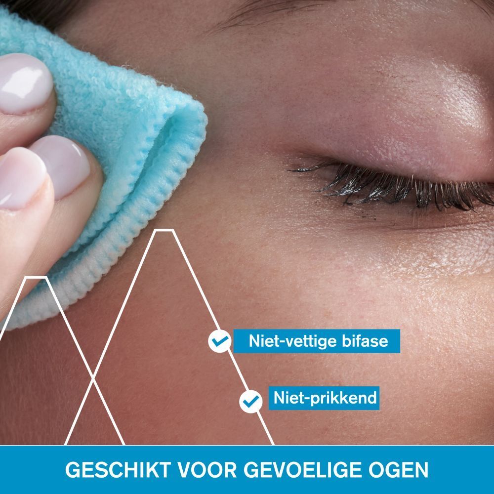 Uriage oogmake-up remover. Blauwe fles met blauwe dop. Tekst op de fles.