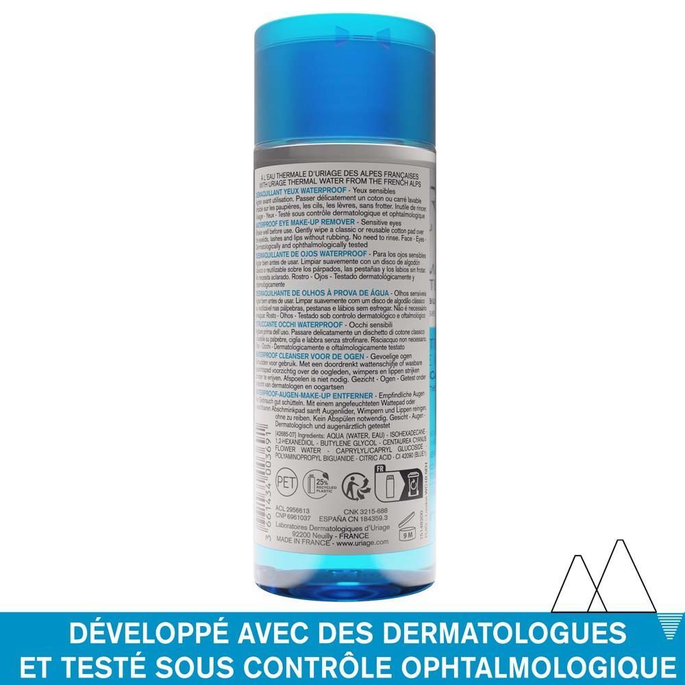 Démaquillant yeux Uriage. Flacon bleu avec bouchon bleu. Texte sur le flacon.