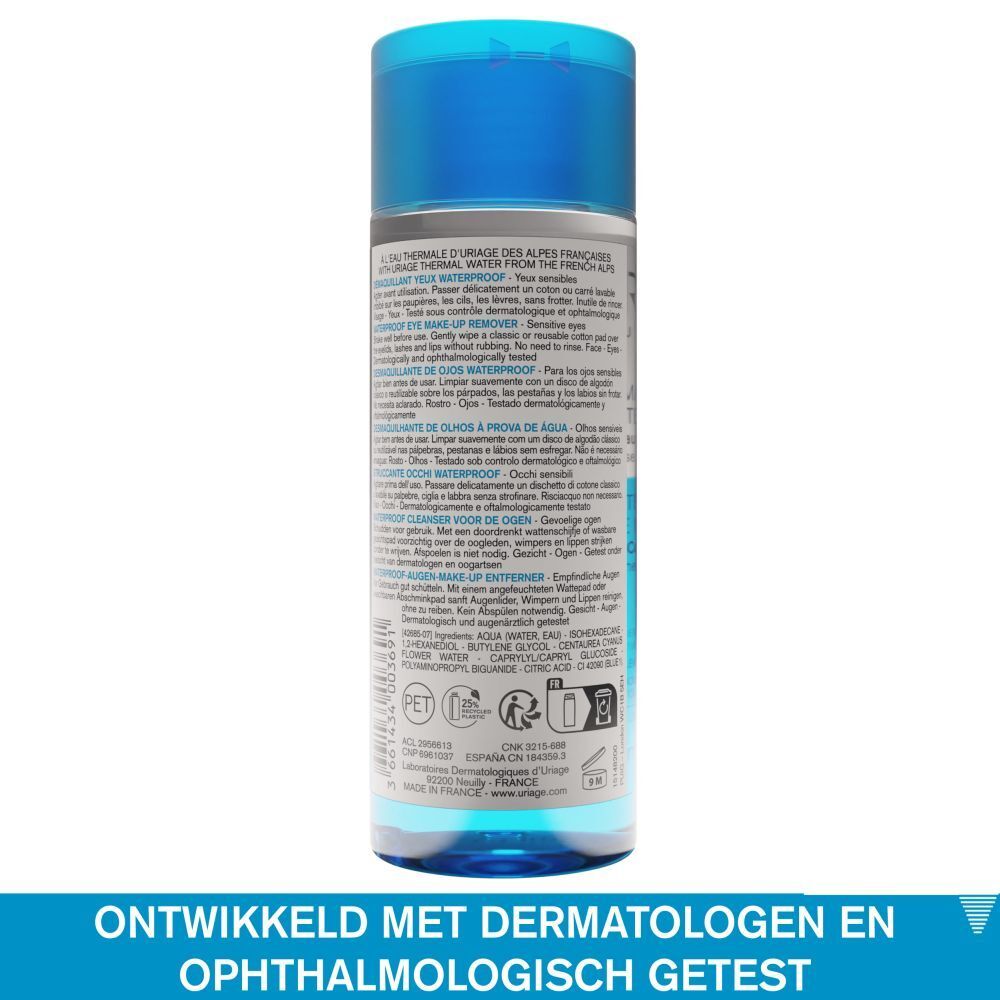 Uriage oogmake-up remover. Blauwe fles met blauwe dop. Tekst op de fles.