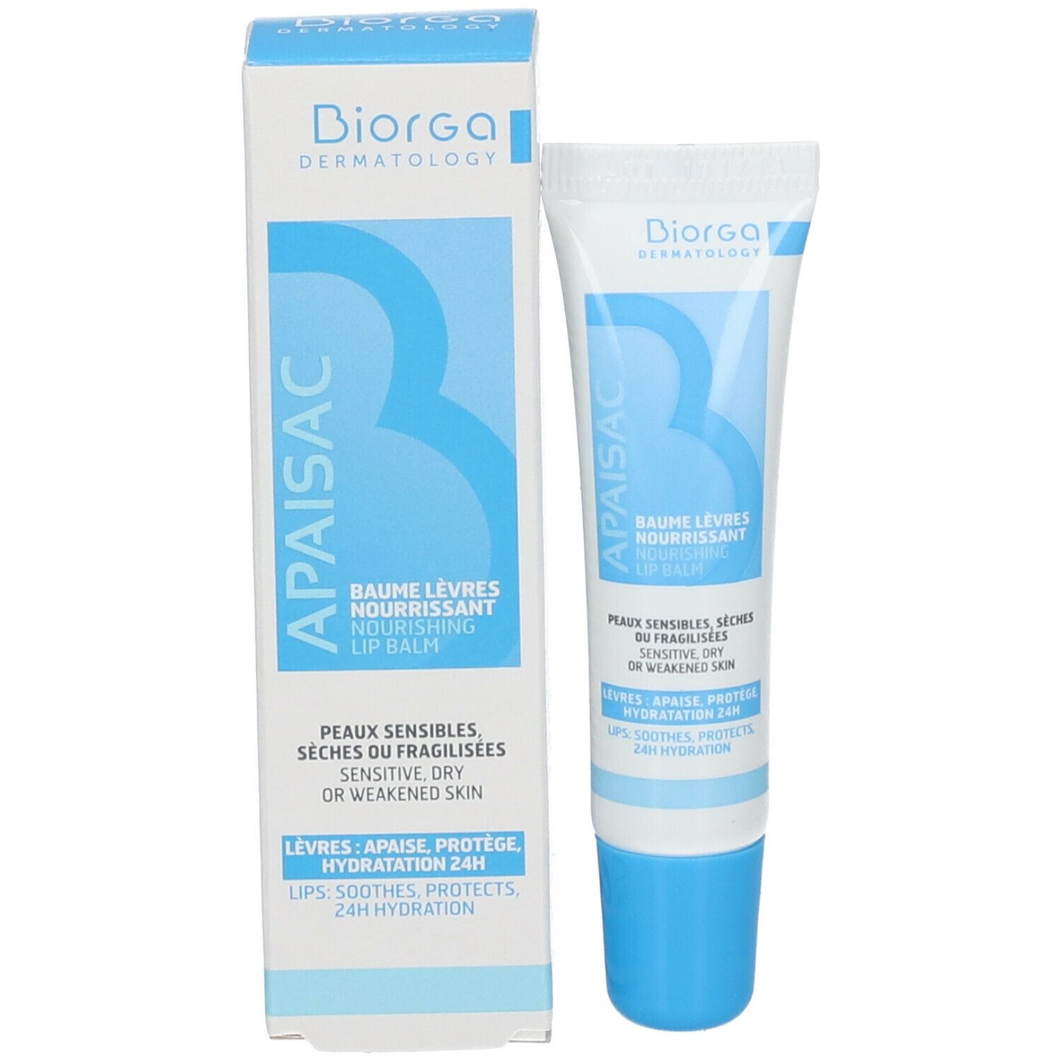 Emballage du produit avec tube de baume à lèvres. Emballage et tube bleus et blancs. Texte: APAISAC, BAUME LÈVRES NOURRISSANT. Marque: BIORGA.