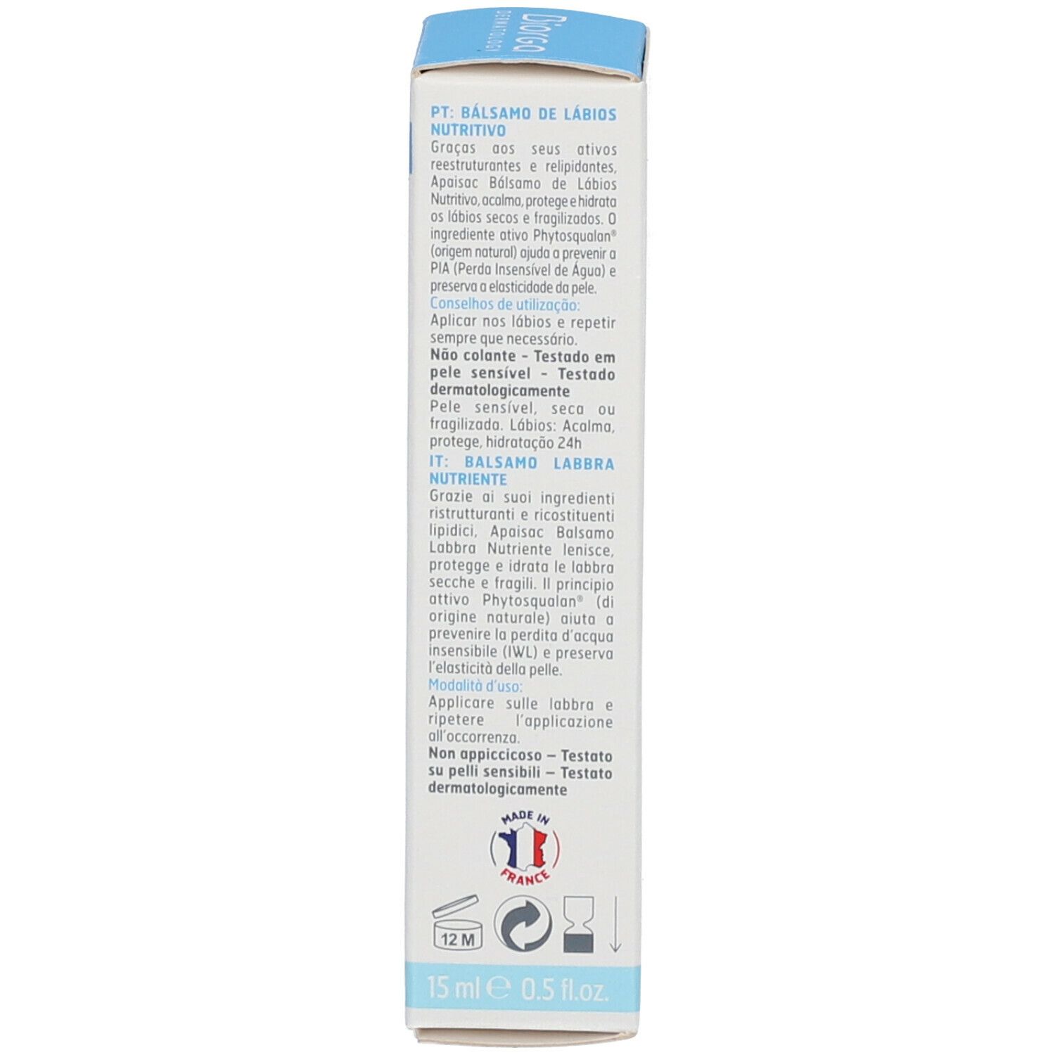Dos de l'emballage du produit. Texte multilingue. Informations sur l'utilisation et les ingrédients. Marque: BIORGA.