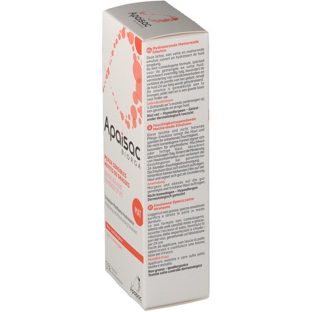 Boîte blanche Apaisac Biorga. Texte: Peaux sensibles mixtes du grasses, Emulsion Matifiante Hydratante. Points oranges.