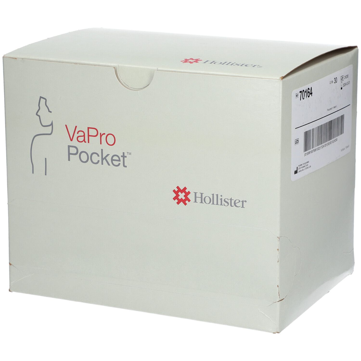 Doos Hollister VaPro Pocket. Opschrift: logo, productnaam, 70164. Witte doos met rood logo.
