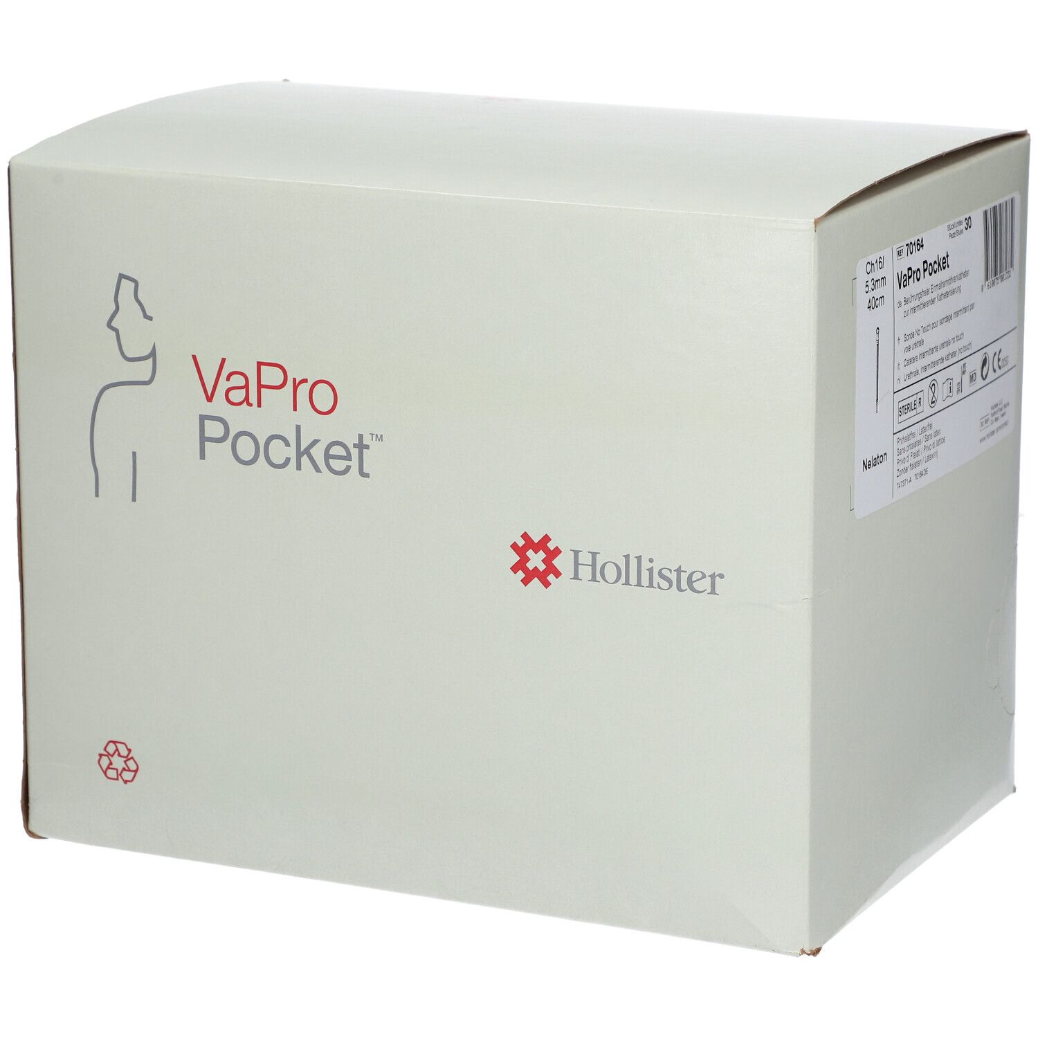 Doos Hollister VaPro Pocket. Opschrift: logo, productnaam, 70164. Witte doos met rood logo.