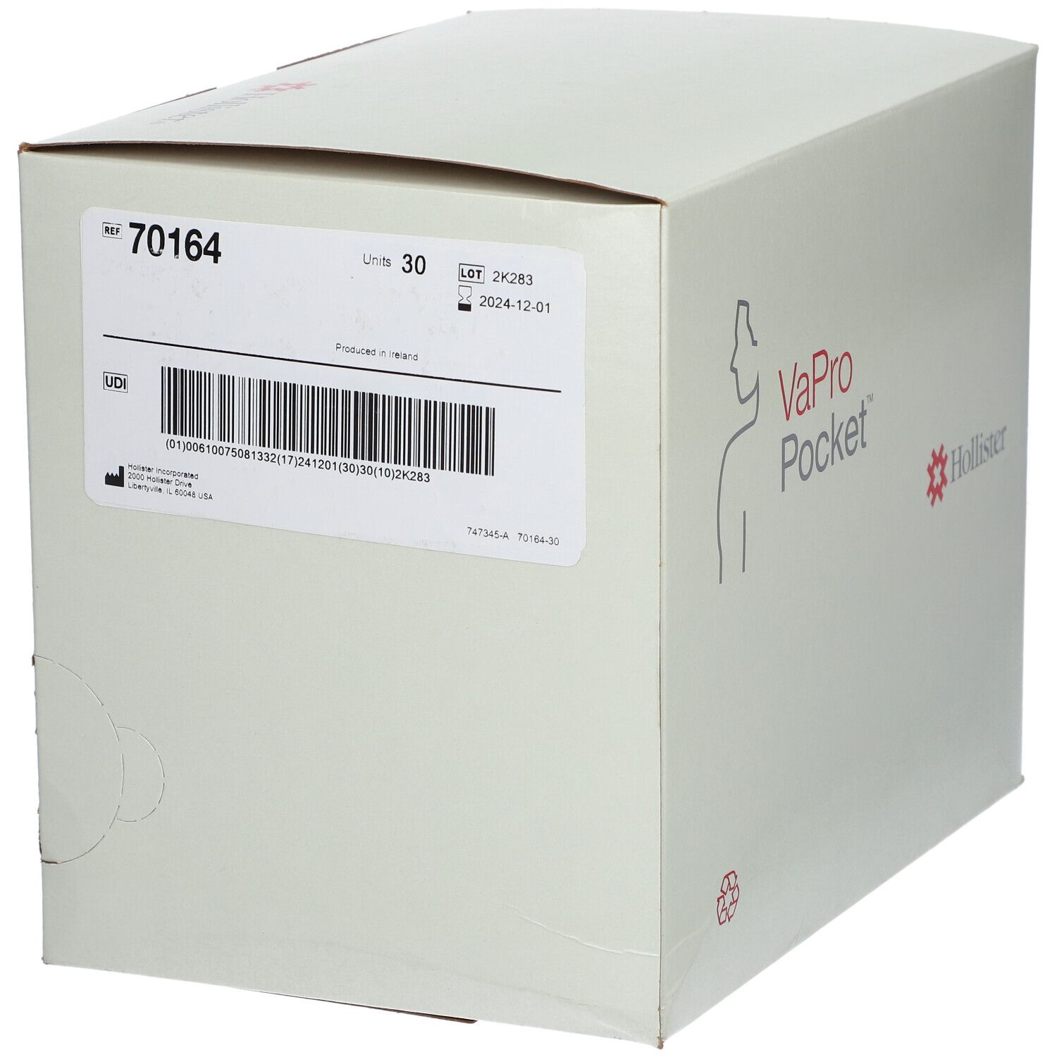 Doos Hollister VaPro Pocket. Opschrift: 70164, logo, productnaam. Witte doos met rood logo.