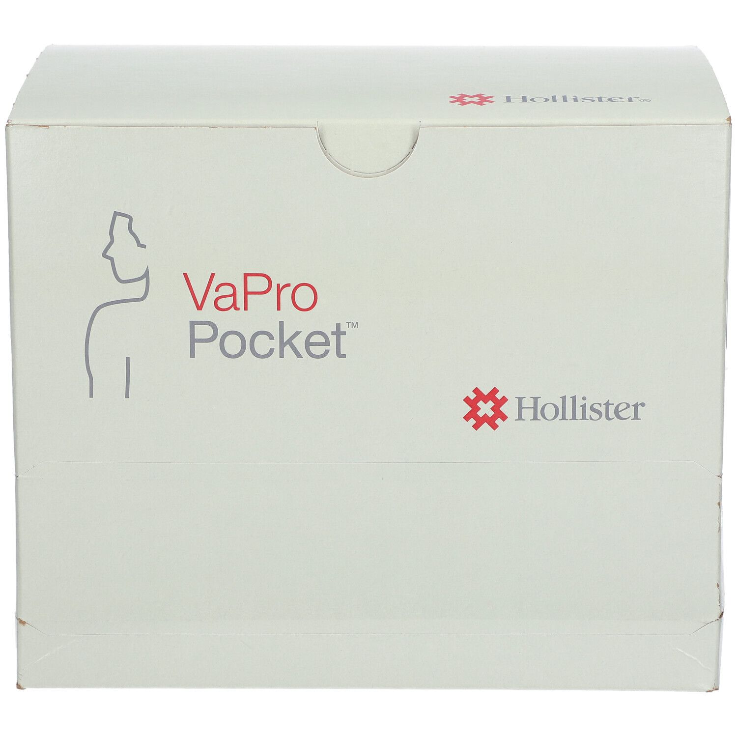 Doos Hollister VaPro Pocket. Opschrift: logo, productnaam. Witte doos met rood logo.