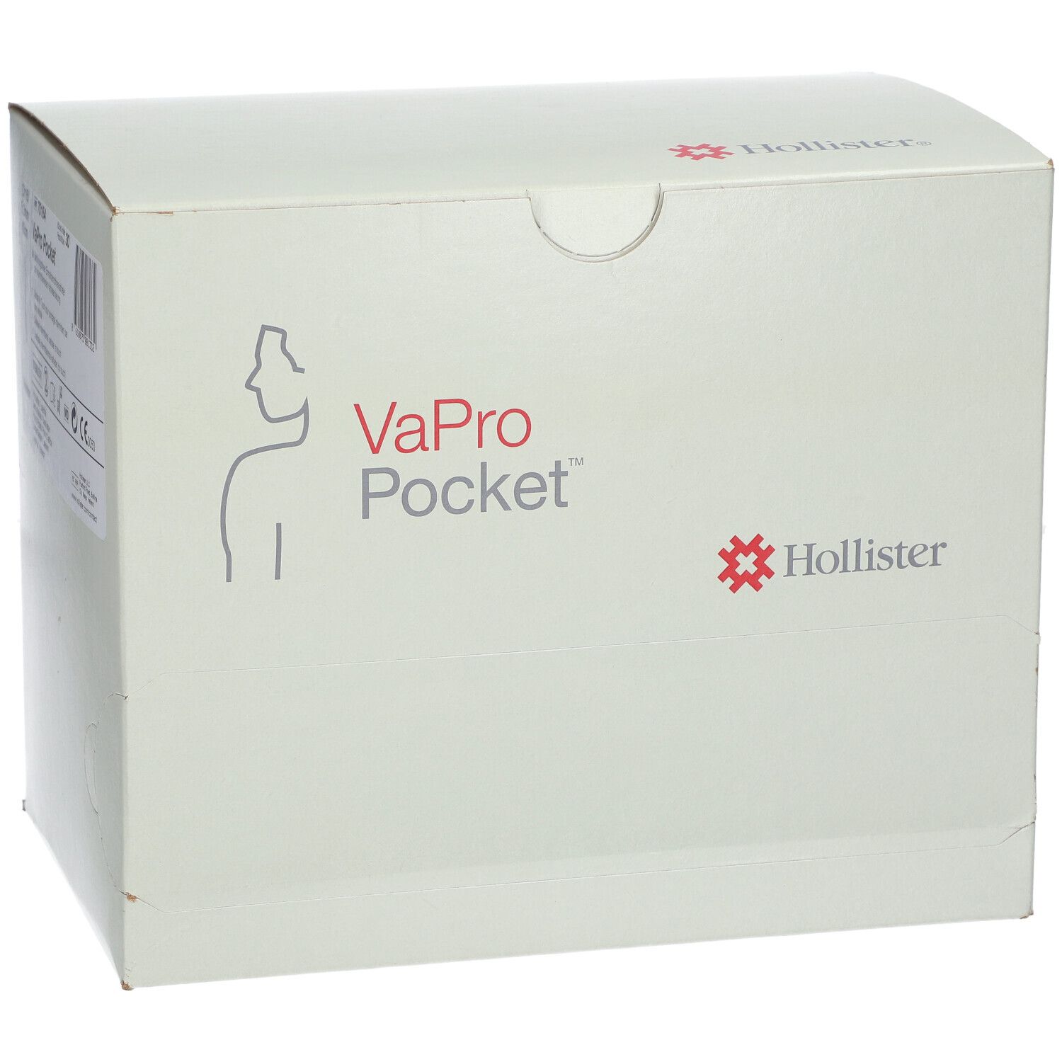 Doos Hollister VaPro Pocket. Opschrift: logo, productnaam. Witte doos met rood logo.