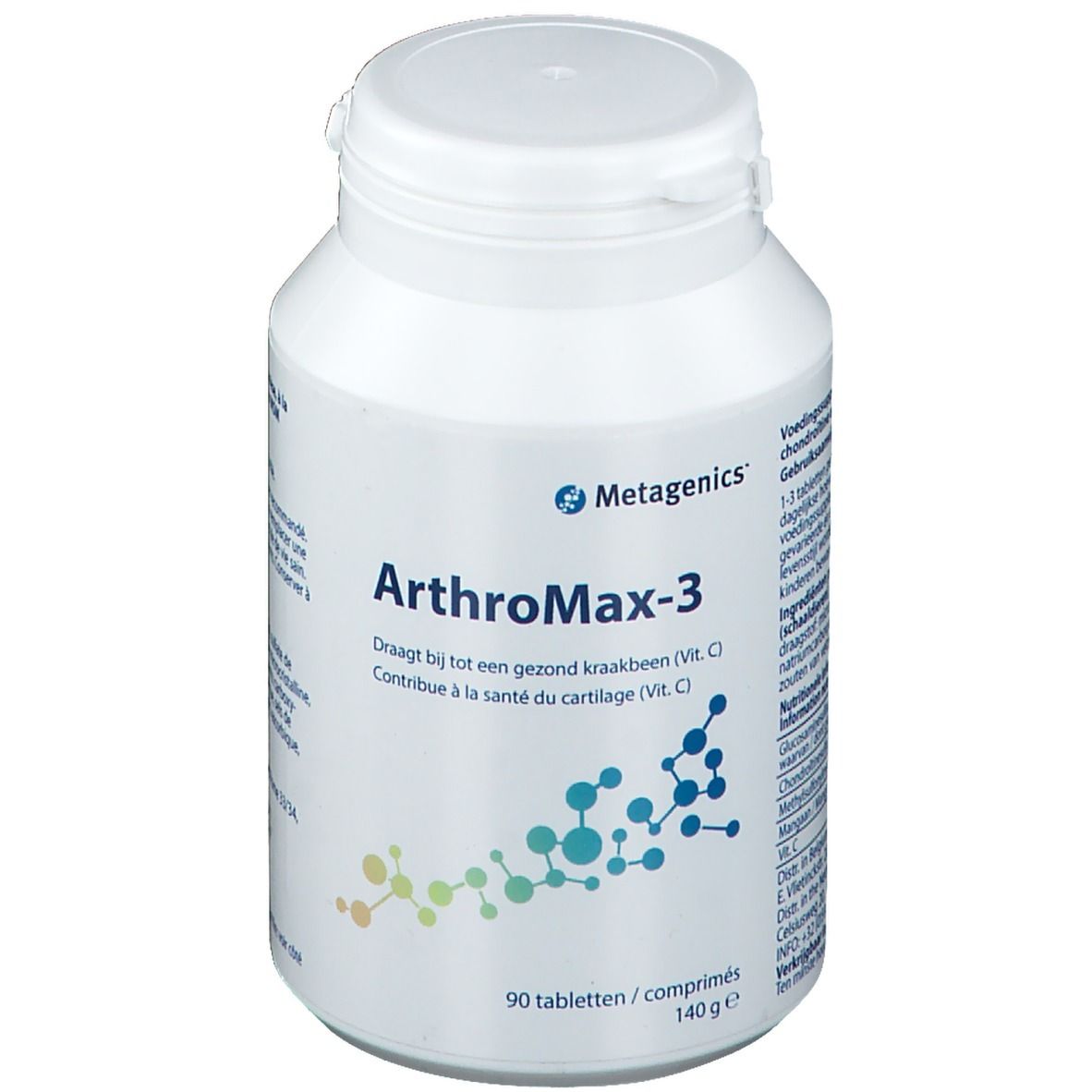 Flacon blanc Arthromax-3. Logo Metagenics. 90 comprimés, 140 g. Contient de la vitamine C.