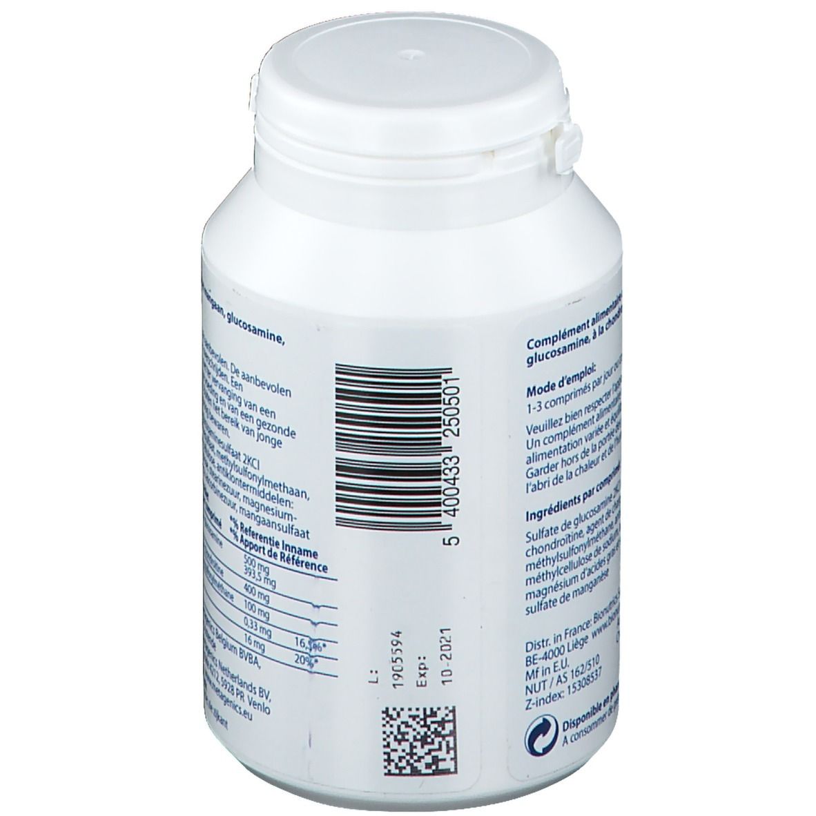 Dos du flacon blanc Arthromax-3. Liste des ingrédients, numéro de lot, date d'expiration. Code-barres.