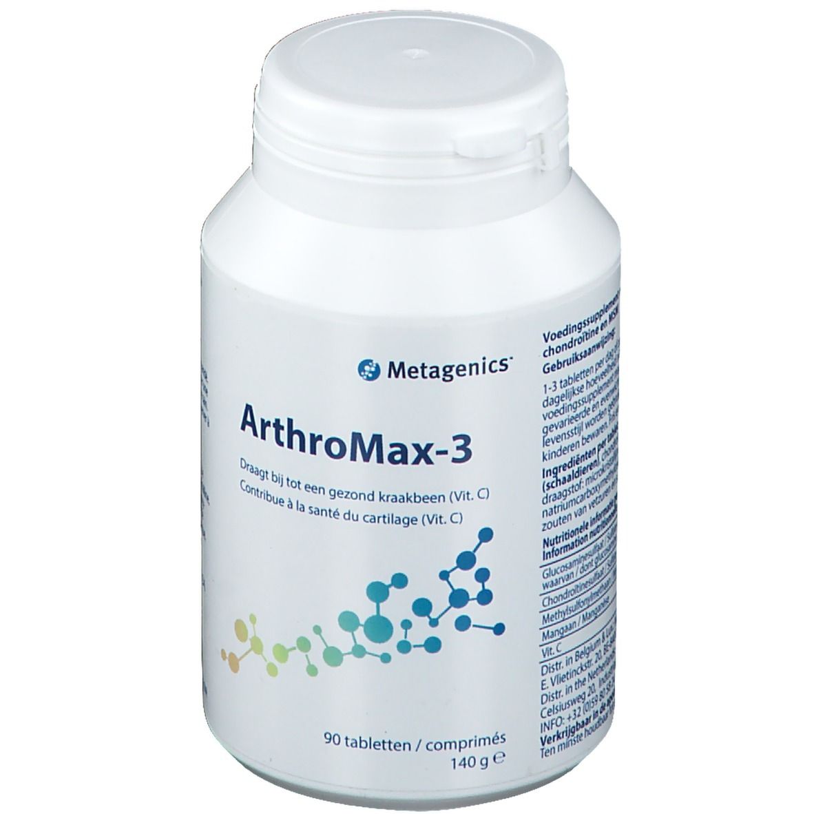 Flacon blanc Arthromax-3. Logo Metagenics. 90 comprimés, 140 g. Contient de la vitamine C.