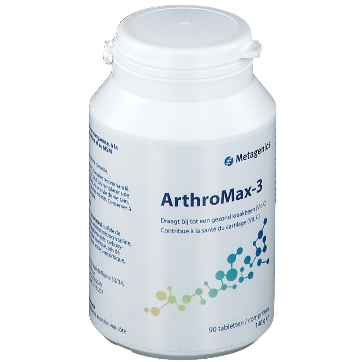Flacon blanc Arthromax-3. Logo Metagenics. 90 comprimés, 140 g. Contient de la vitamine C.