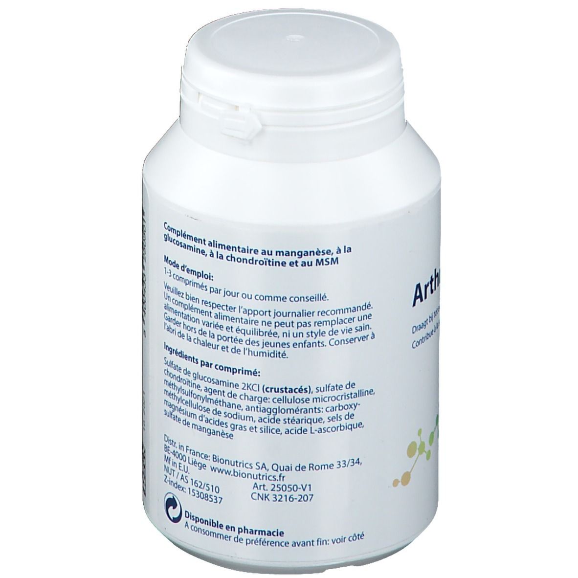 Dos du flacon blanc Arthromax-3. Liste des ingrédients, posologie, informations du fabricant.