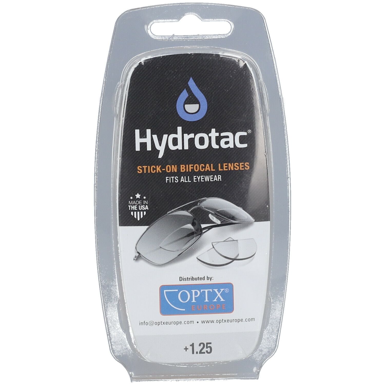 Emballage de lentilles bifocales Hydrotac. Contient des lentilles et une image de lunettes. Texte: Stick-on Bifocal Lenses, +1.25.
