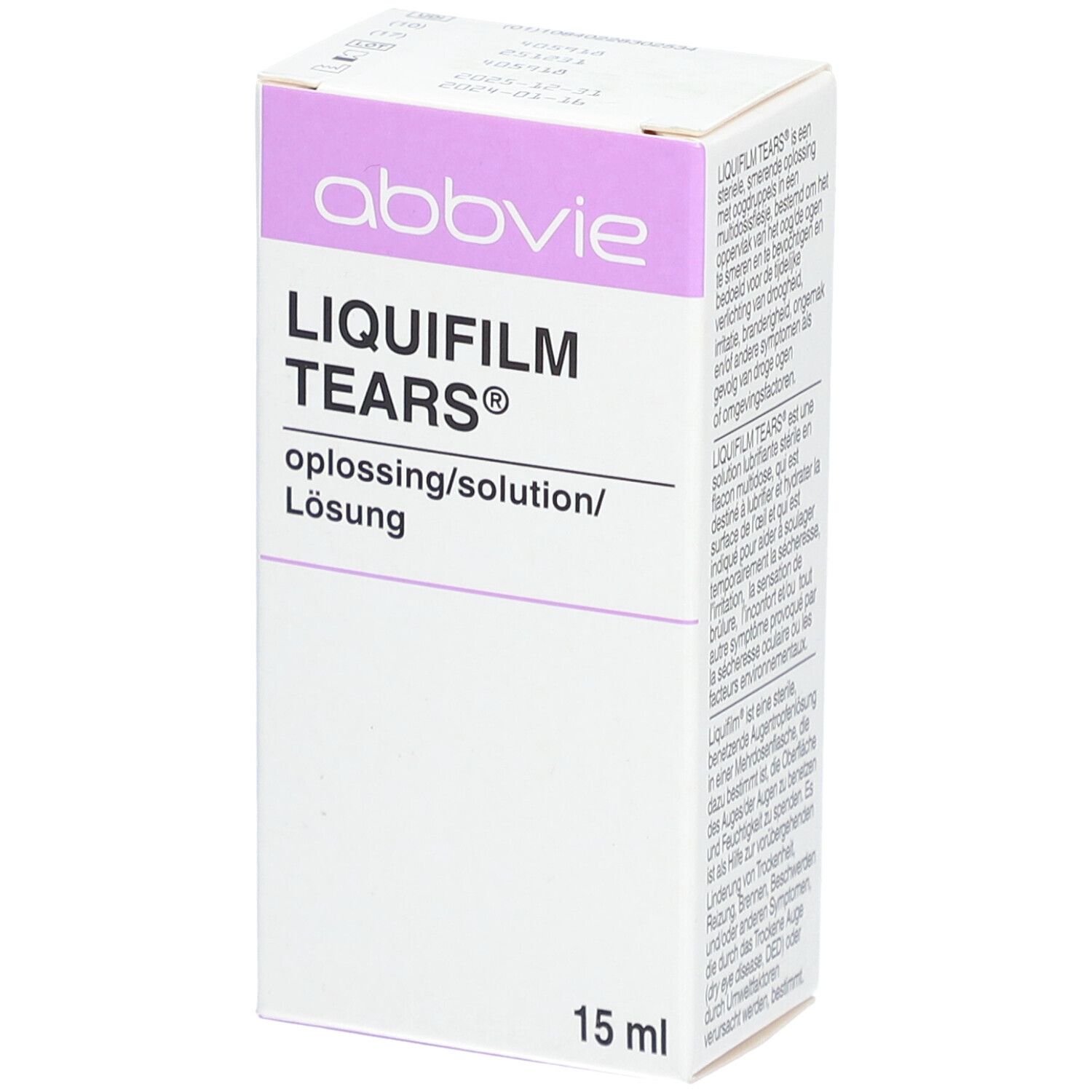 Boîte blanche avec accents violets. Inscription: abbvie, LIQUIFILM TEARS, solution. En bas: 15 ml.