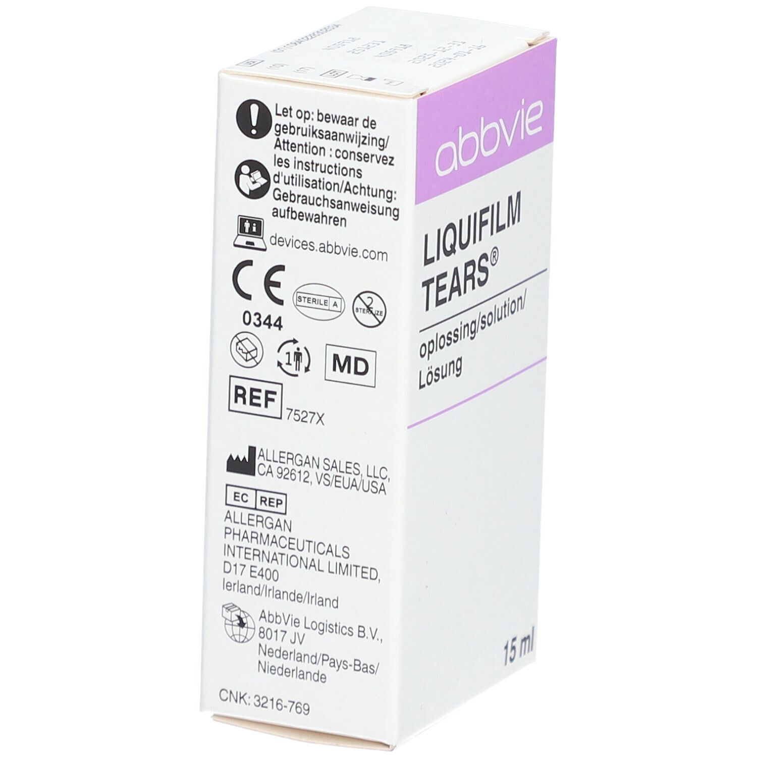 Boîte blanche, inscription: abbvie, LIQUIFILM TEARS, solution. Avec marquage CE et 15 ml.