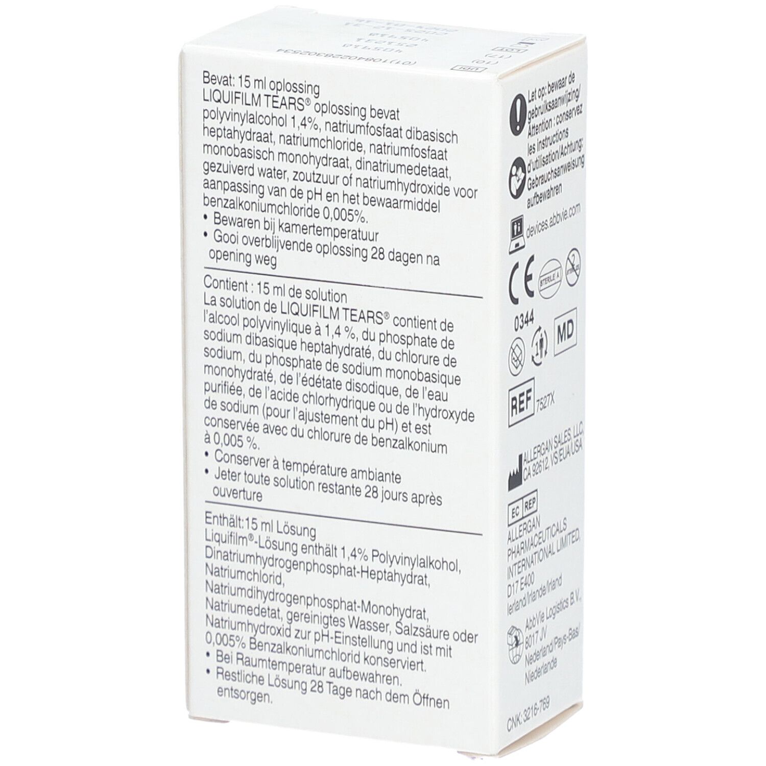 Boîte blanche avec texte. Inscription: LIQUIFILM TEARS, ingrédients, mode d'emploi. Avec marquage CE.